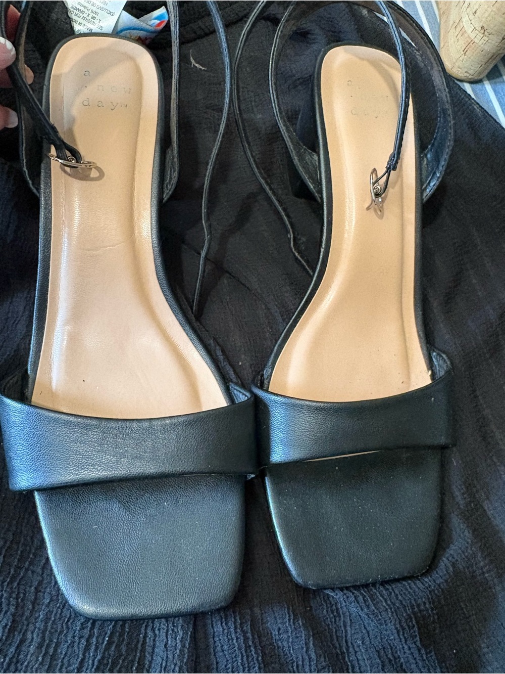 a new day Black Square-Toe Ankle Tie Heeled Sandals